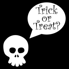 Icono plano Trick or Treat y caricatura de calavera sobre fondo negro