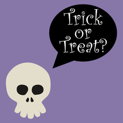 Icono plano Trick or Treat y caricatura de calavera sobre fondo violeta