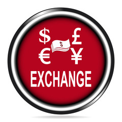 Money exchange icon, money and exchange text red button, badge illustration