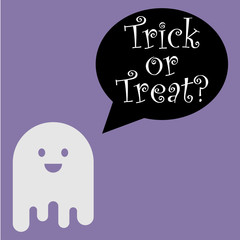 Icono plano Trick or Treat y fantasma sonriendo sobre fondo violeta
