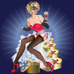 Beautiful pin up woman with glass of wine and masquerade mask sitting on gift box, Happy New Year, Christmas 2017, vector illustration - 122720127