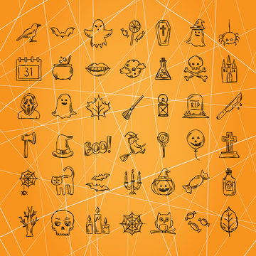 Halloween hand drawn icons. Halloween sketch illustrations. All Saints' Day symbols