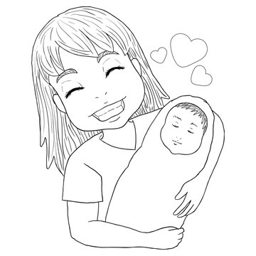vector line art of mother and newborn baby for coloing book