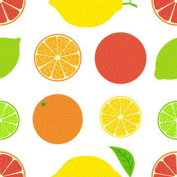 Citrus seamless bright summer pattern. Orange, lemon, lime and grapefruit.
