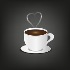 Cup of Hot Coffee with Realistic Steam in Form Heart. Black Coffee on a Saucer.  Vector