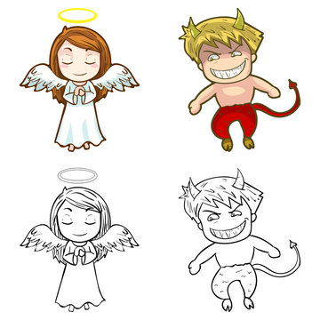 vector illustration of angel and devil with line art for coloring book, cartoon character