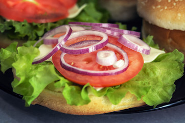 Have added onion rings and tomato slicesin hamburger. Cooking burger concept