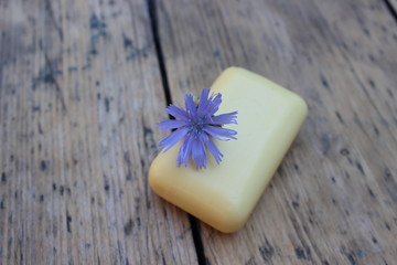 Obraz na płótnie Canvas Natural soap and flower chicory