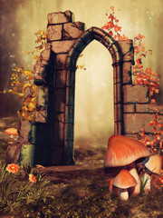 Ruiny bramy z grzybami, kwiatami i jesiennym bluszczem - obrazy, fototapety, plakaty