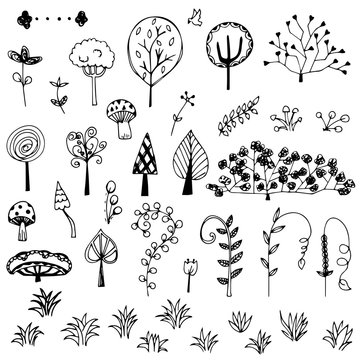 flower and tree doodle from free hand  drawing vector set