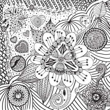 Doodle floral pattern Zentangle drawing swing in black line on white background