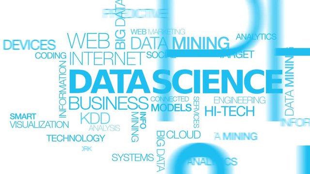 Data science KDD predictive data mining words tag cloud blue text white background animation 

