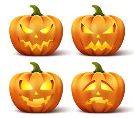 Vector pumpkins with set of different faces for halloween icons and decorations isolated in white background. Vector illustration.
