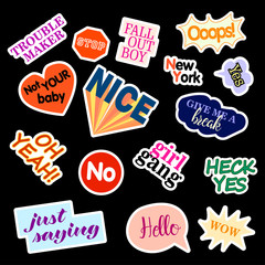 Fashion patch badges. Set with phrases. Stickers, pins, patches and handwritten notes collection in cartoon 80s-90s comic style. Trend. Vector illustration isolated. Vector clip art.