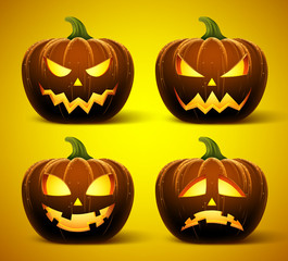 Halloween pumpkins in vector with set of different faces for icons and decorations in dark background. Vector illustration.
