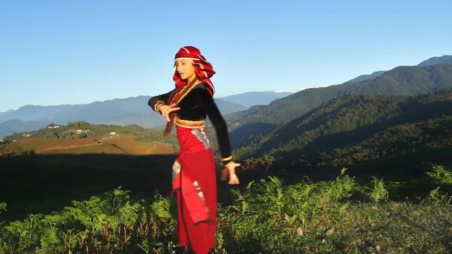 woman dancing georgian national clothes  mountains girl outdoors