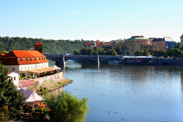 Prague, Czech Republic panorama with watercanal in town of Vltava river