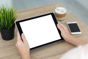 woman holding tablet computer with isolated screen coffee and ph