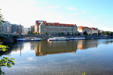 Prague, Czech Republic panorama on turist boats and Vltava river