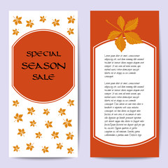 Stock vector cards template for for autumn sale. White and orange background. Fall leafs. You can place your text in the center.