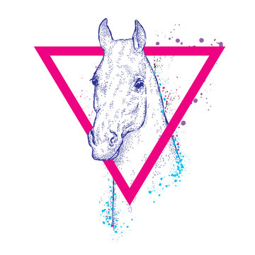 Beautiful horse with a triangle. Vector illustration for greeting card, poster, or print on clothes. Fashion & Style. Hipster. Hand drawing.