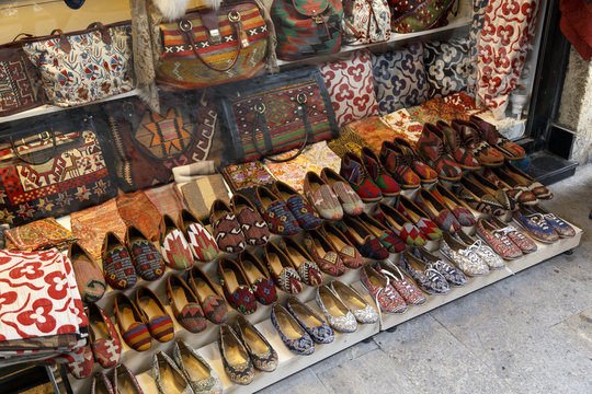 Market stall with turkish shoes and bags at Grand Bazaar, Istanb