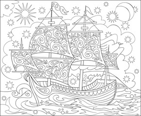 Page with black and white illustration of fantasy fairyland ship for coloring. Worksheet for children and adults. Vector image. © nataljacernecka