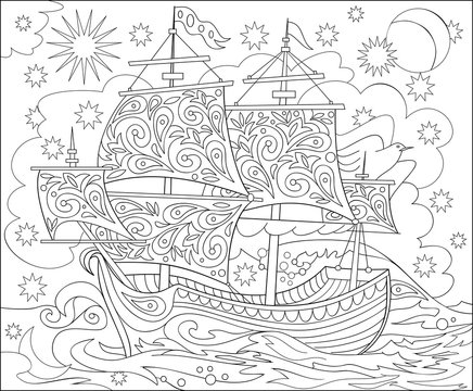 Page with black and white illustration of fantasy fairyland ship for coloring. Worksheet for children and adults. Vector image.