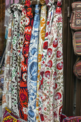 Colorful turkish fabric samples on the market..