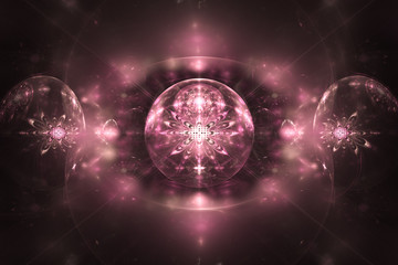 Shining crystal spheres with flower ornament on black background. Computer-generated fractal in rose and grey colors.