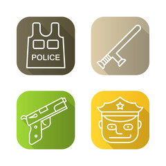 Police flat linear long shadow icons set.