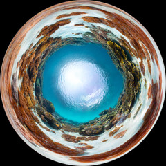 Panorama in the form of sphere of the sea floor with corals