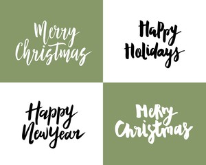 Merry Christmas, Happy New Year, Happy Holidays Hand Drawn Lettering Design Set.