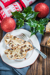 Festive Christmas cake, stollen with raisins
