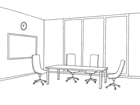 Office meeting room interior black white graphic art sketch illustration vector