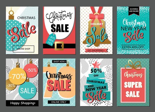 Set of sale holiday website banner templates. Christmas and New Year illustrations for social media banners, posters, email and newsletter designs, ads, promotional material.