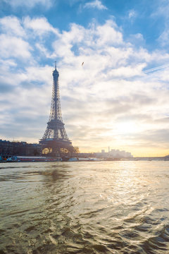 Eiffel tower and river Seine in Paris at sunset, France.