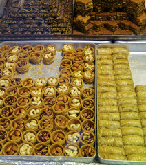 Delicious Turkish sweets and baklava in shop..