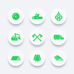 Logging, forestry equipment icons, sawmill, tree harvester, timber, logging truck, lumber