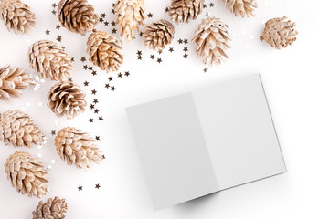 Fototapeta na wymiar Christmas mockup desktop image with an open card, overlay your, design or quote. Great for small businesses, lifestyle bloggers and social media campaigns.