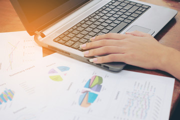 Woman working at home office hand on keyboard , Marketing work on desk office background