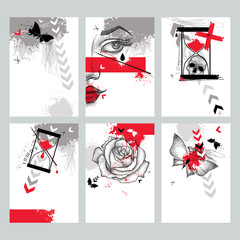 Vector set with design templates in Trash Polka and dotwork style. Dotted skull, cross, abstract arrows, rose, butterfly, blots, lines, hourglass in red and black colors. Creative print illustrations.