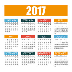 Calendar for the year 2017 in colorful flat style