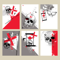 Vector set with design templates in Trash Polka and dotwork style. Dotted skull, cross, abstract arrows, butterfly, blots, lines, hourglass in red and black colors. Creative print illustrations.