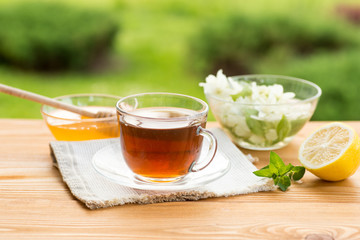 Herbal tea in a cup with  and honey, summer garden