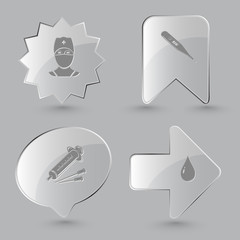 4 images: doctor, thermometer, syringe, drop. Medical set. Glass