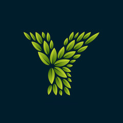 Y letter logo formed by fresh green leaves.