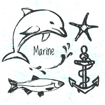 Ink hand drawn elements of marine world