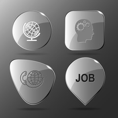 4 images: globe, human brain, global communication, job. Busines