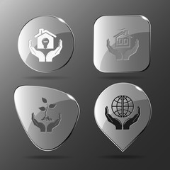 4 images: economy in hands, home in hands, plant in hands, prote